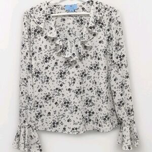 CeCe Ivory Black Floral Top Size XS Ruffled V Neck Flare Cuff‎ Crepe Coquette